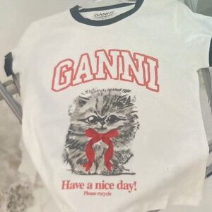 Ganni White Tee with Navy Ringer Trim and Red Graphic